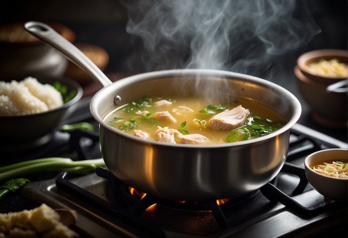 A steaming pot of Chinese chicken broth simmers on a stovetop, filled with aromatic ingredients like ginger, garlic, and scallions. A ladle rests on the side, ready to serve up a comforting bowl of soup
