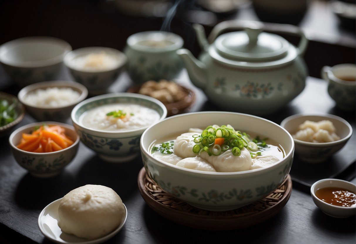 A table set with steaming bowls of congee, plates of steamed buns, and savory scallion pancakes. Teapot and cups nearby