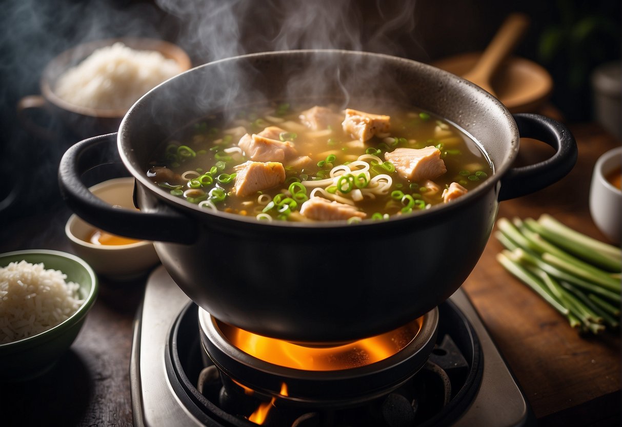 A pot simmers on a stove, filled with chicken bones, ginger, and scallions. Steam rises as the broth is carefully skimmed and seasoned with soy sauce and rice wine