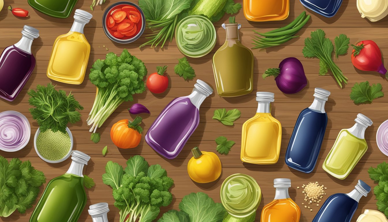 A variety of vinaigrette dressing bottles arranged on a wooden table with fresh vegetables and herbs scattered around them