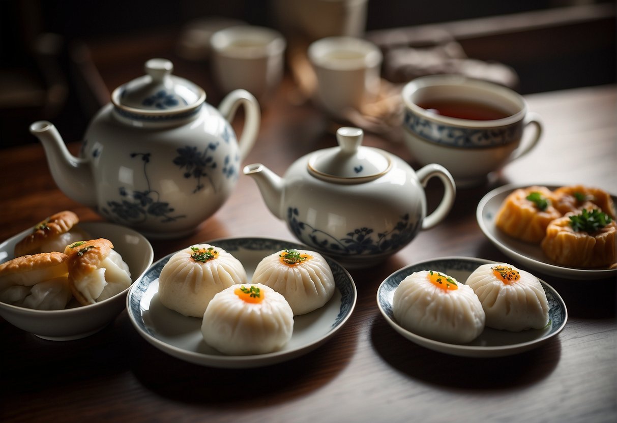 A table set with steamed buns, congee, and assorted dim sum. Teapot and tea cups on the side