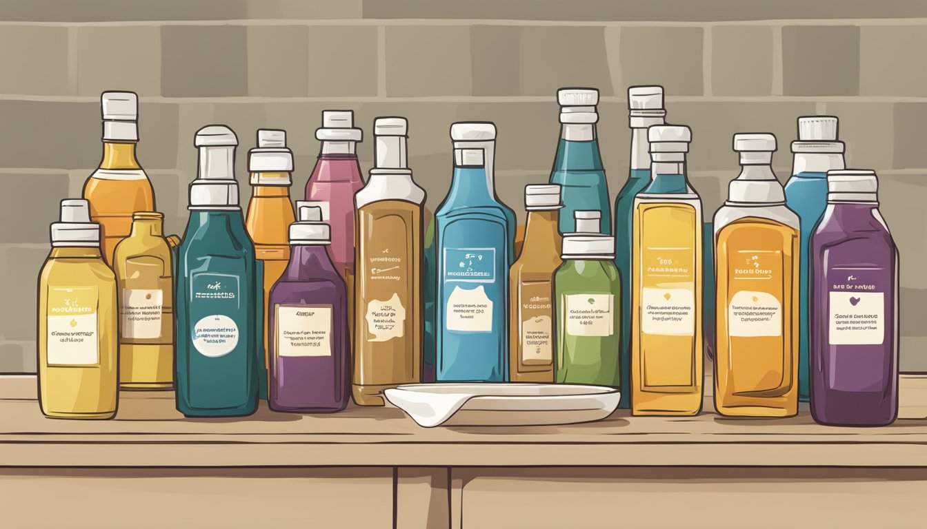 A table with various vinaigrette dressing bottles arranged neatly, with a sign reading "Frequently Asked Questions" displayed prominently