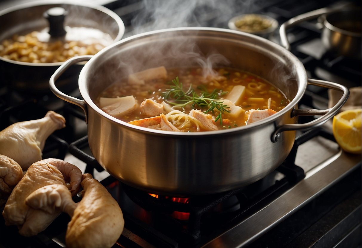 A pot simmers on a stove, filled with chicken bones, ginger, and spices. Steam rises as the broth cooks, filling the air with savory aroma