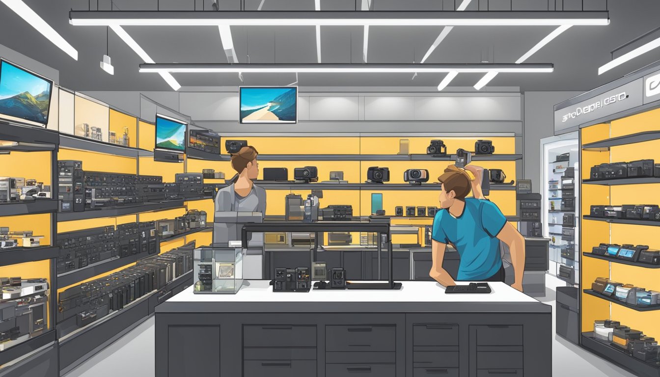 The camera store displays various GoPro models and accessories on shelves and counters. Bright lights illuminate the products, and a salesperson interacts with a customer
