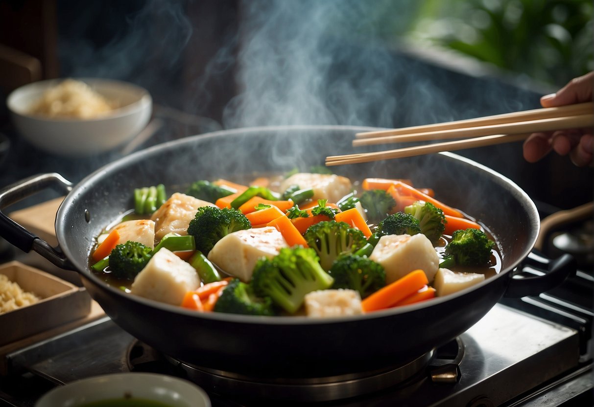 A wok sizzles with stir-fried vegetables and tofu. Steaming bamboo steamers hold fluffy buns and dumplings. A pot simmers with congee, while a teapot pours fragrant green tea