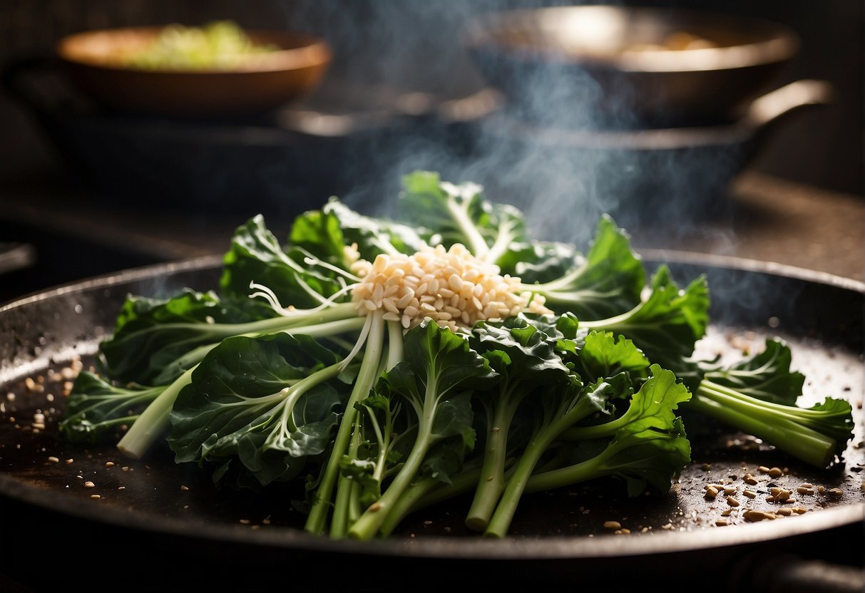 Chinese broccoli sizzling in a hot pan, surrounded by garlic, ginger, and soy sauce. Steam rising as it cooks to perfection