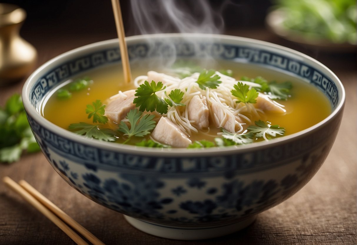 A steaming bowl of Chinese chicken broth with floating scallions and cilantro, accompanied by a pair of chopsticks resting on a delicate porcelain spoon