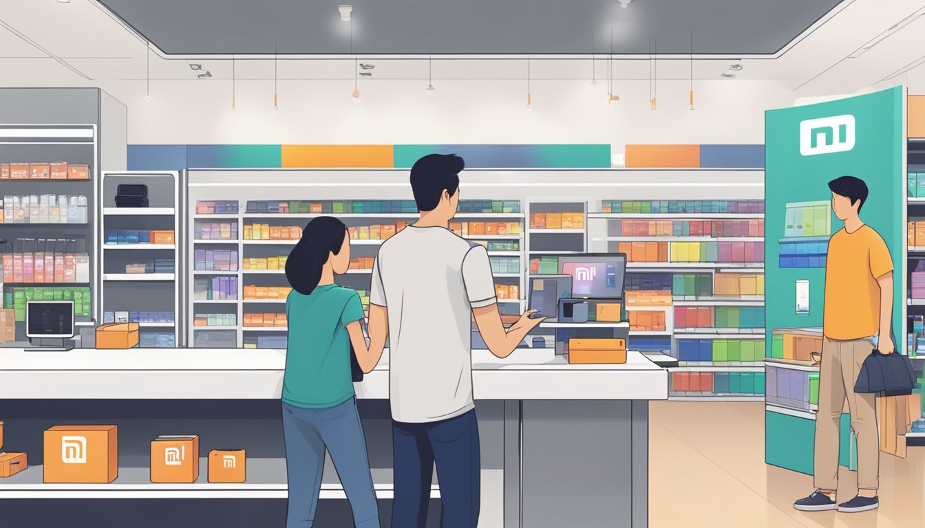 A customer selects a Xiaomi power bank from a display at a retail store in Singapore. The cashier rings up the purchase at the counter