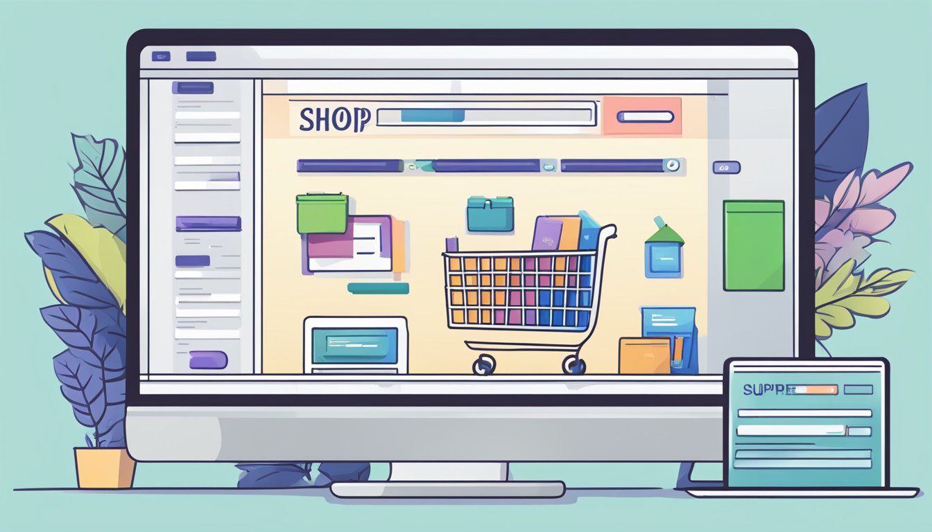 A computer screen showing the Supreme website, with a cursor clicking on the "Shop" button and adding items to the cart