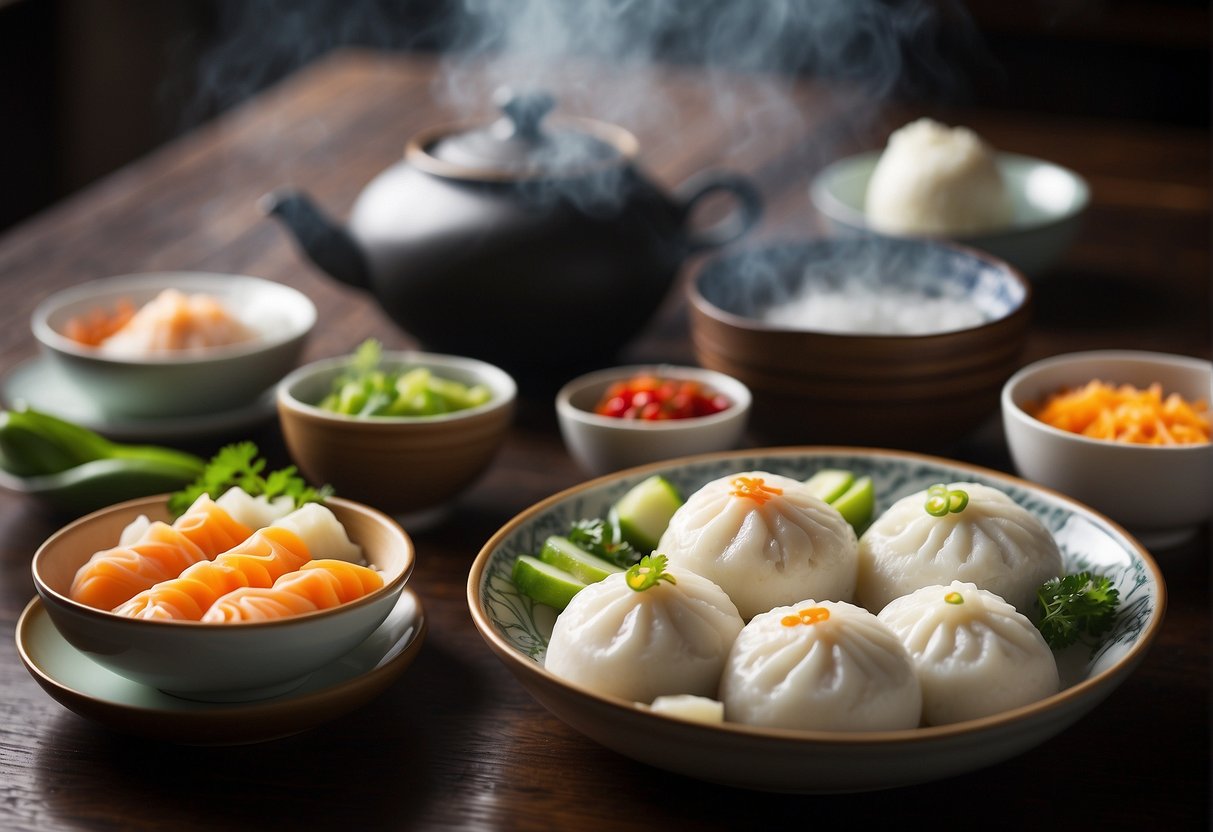 A table set with steaming bowls of congee, delicate tea cups, and colorful plates of steamed buns and dumplings. A bamboo steamer releases fragrant steam, while a bowl of fresh fruit adds a pop of color