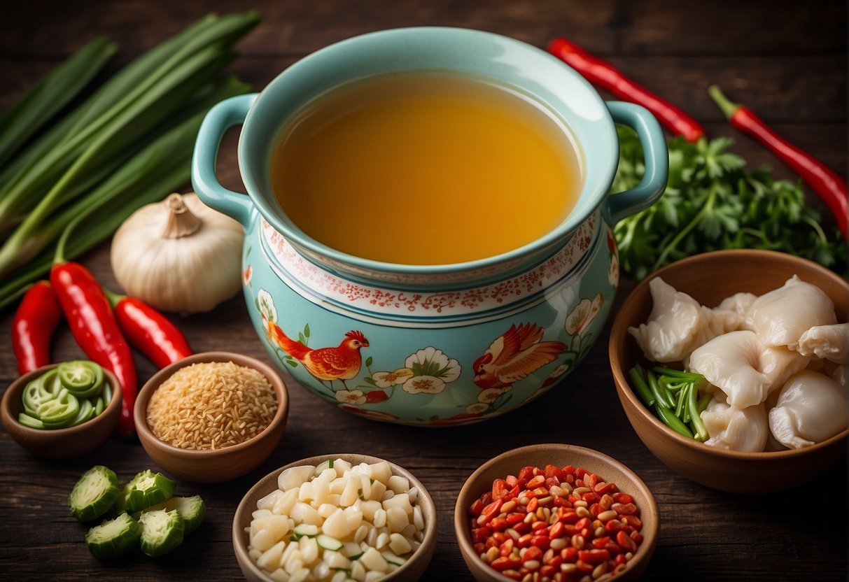 A steaming pot of Chinese chicken broth, surrounded by traditional ingredients like ginger, scallions, and goji berries