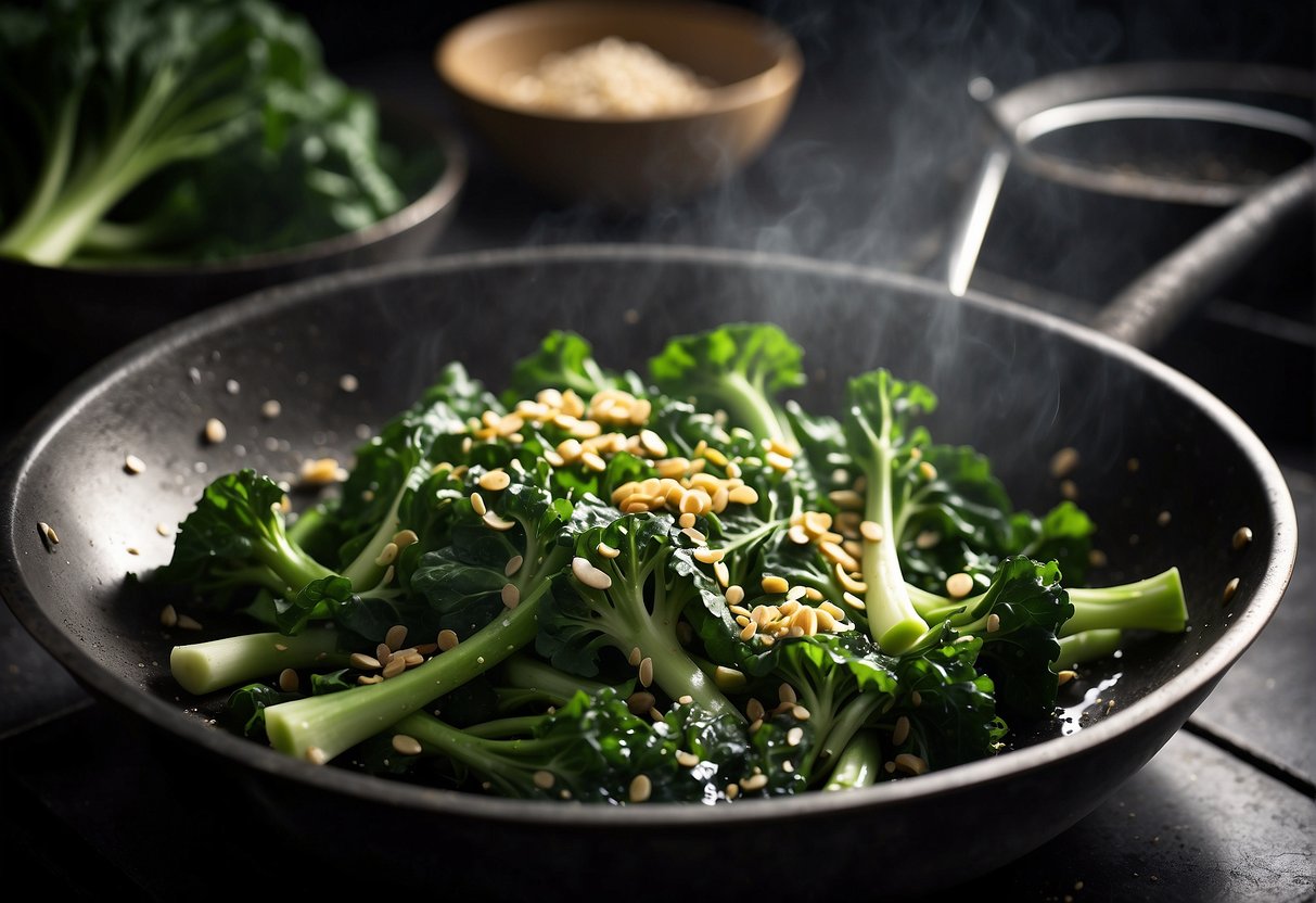 Fresh chinese broccoli being washed, chopped, and stir-fried with garlic and ginger in a sizzling wok. A sprinkle of sesame seeds and a drizzle of soy sauce add the finishing touch