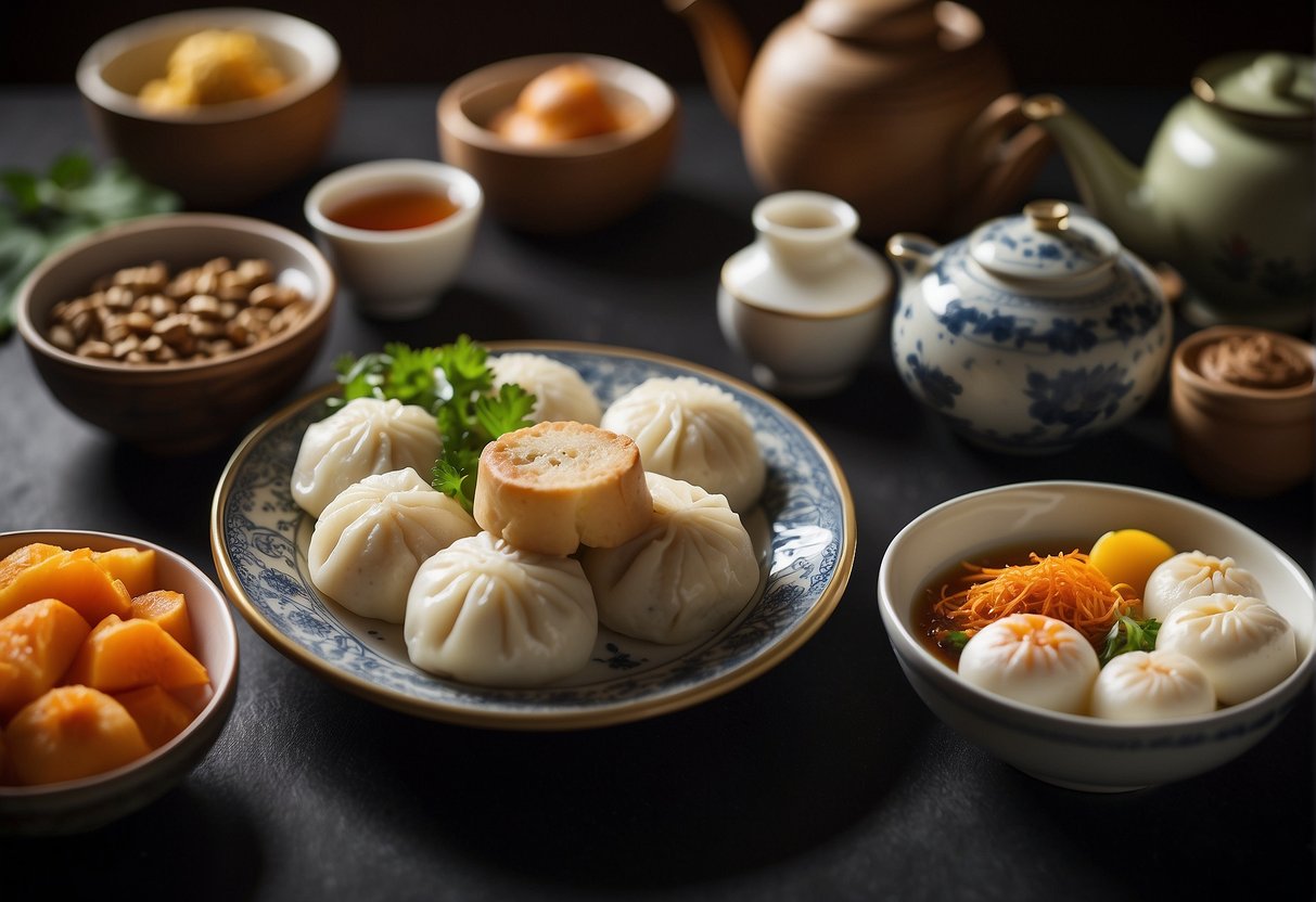 A table spread with steamed buns, congee, and dim sum. Fresh fruits and herbal tea complete the colorful and aromatic display