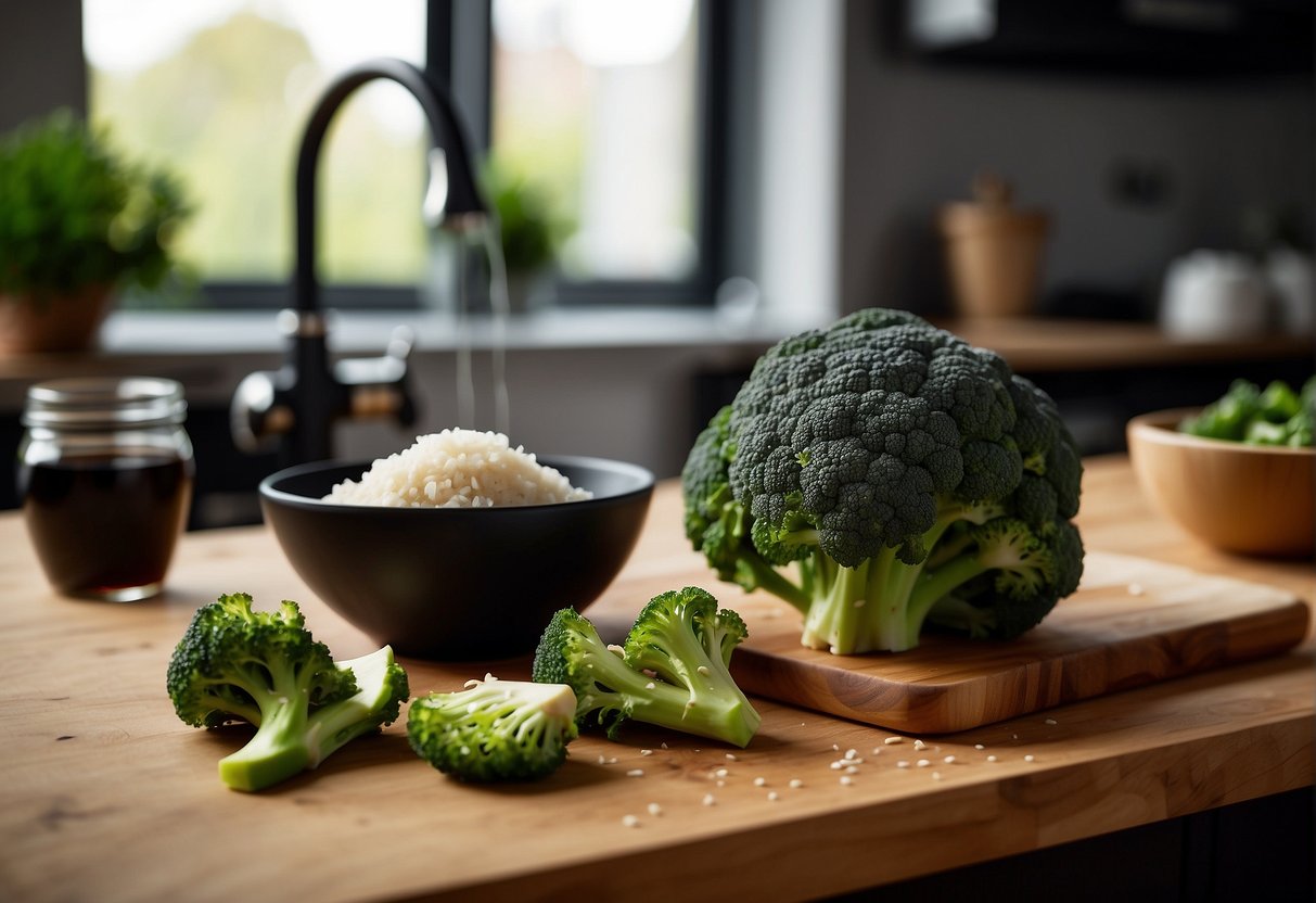 Fresh broccoli being chopped on a wooden cutting board, with a bowl of soy sauce and garlic nearby. A wok sits on a stove