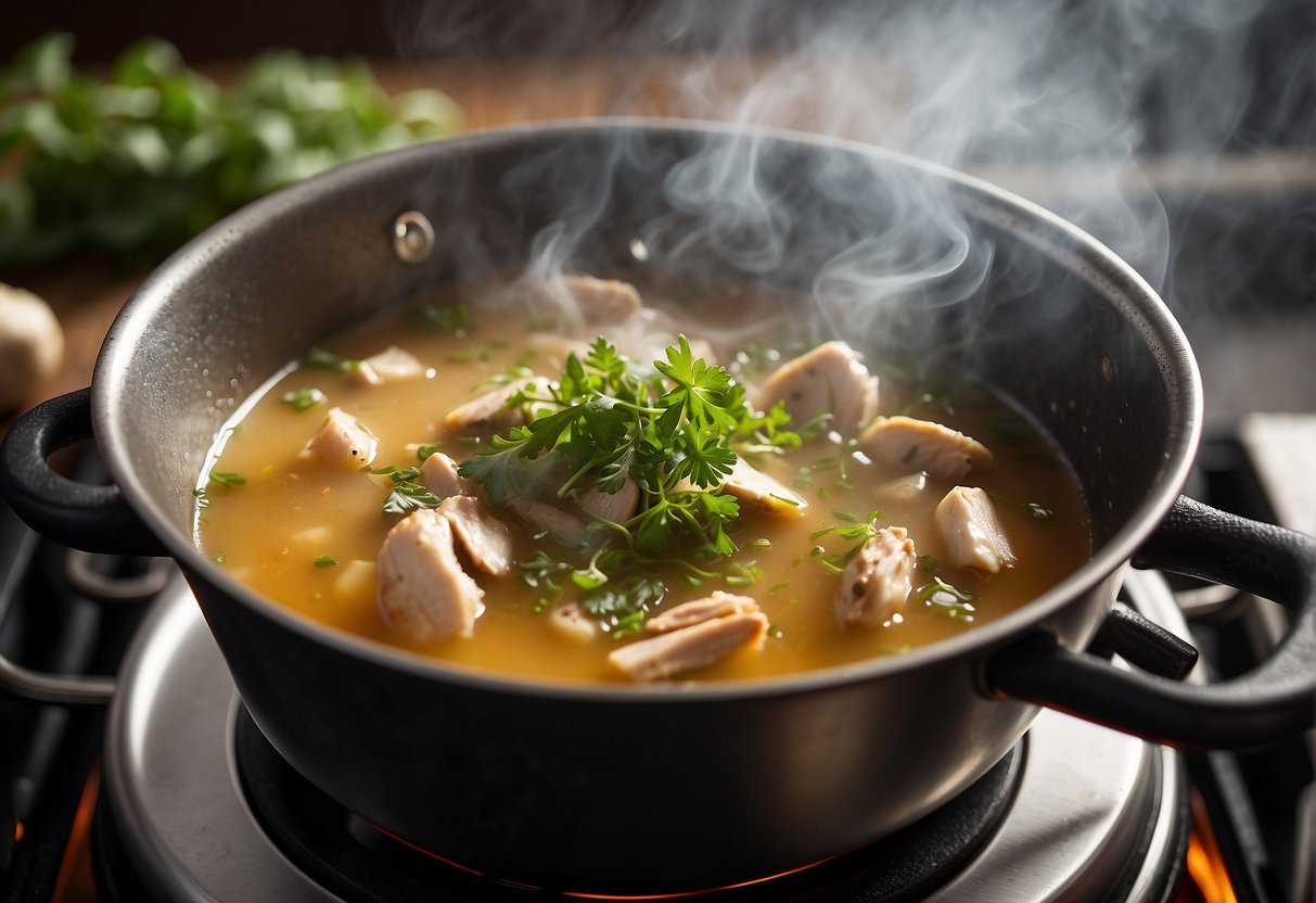 A steaming pot of Chinese chicken button mushroom soup simmers on a stovetop, with fragrant steam rising and a sprinkle of fresh herbs on top