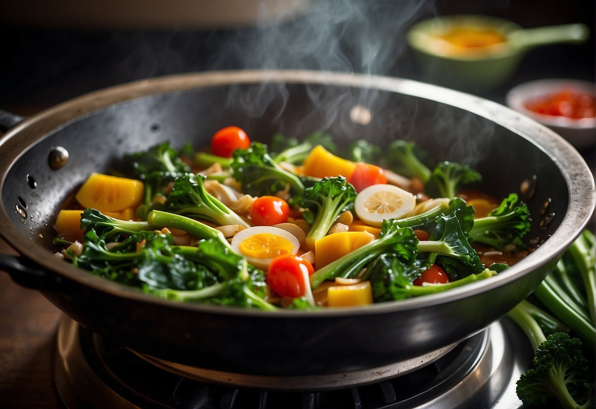 A wok sizzling with vibrant green Chinese broccoli, surrounded by colorful ingredients and a steaming pot of fragrant broth
