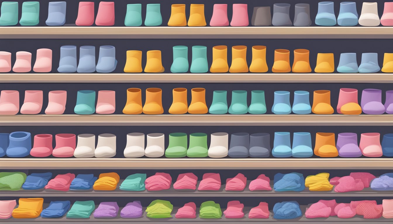 A display of hand socks in a Singaporean store, with various colors and sizes neatly arranged on shelves