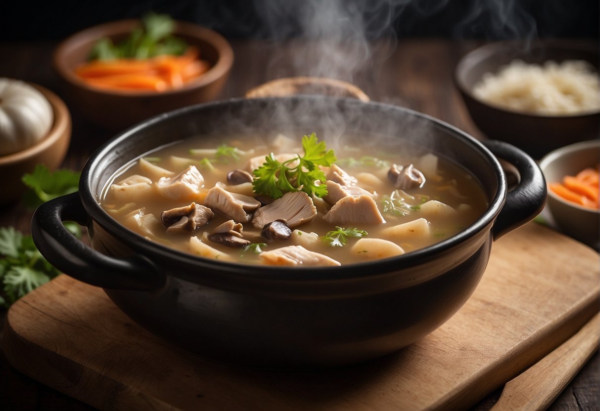 A steaming pot of Chinese chicken button mushroom soup with essential ingredients on a wooden cutting board