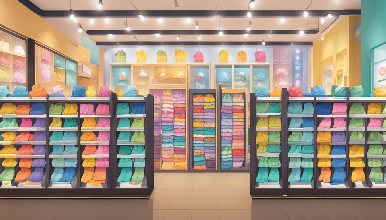 A display of hand socks in various colors and styles at a store in Singapore