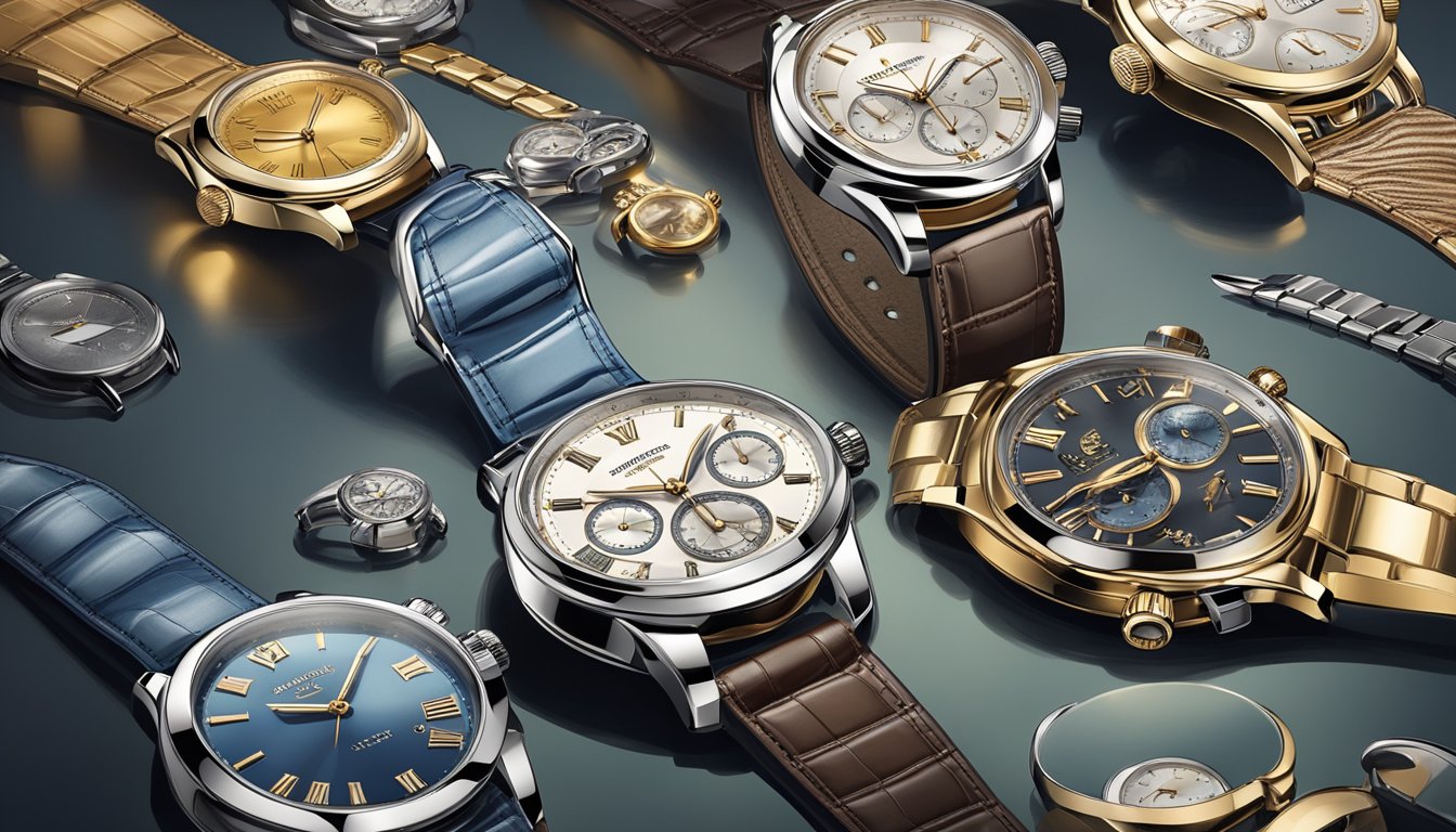 A display of luxury watches, all priced under $2000, arranged on a sleek, modern table with soft lighting casting a warm glow on the elegant timepieces