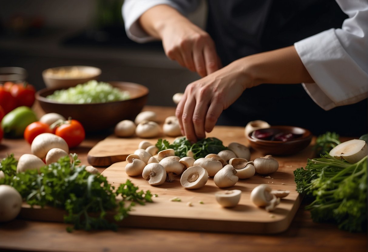 A chef chopping button mushrooms, slicing chicken, and gathering ingredients for Chinese chicken mushroom soup