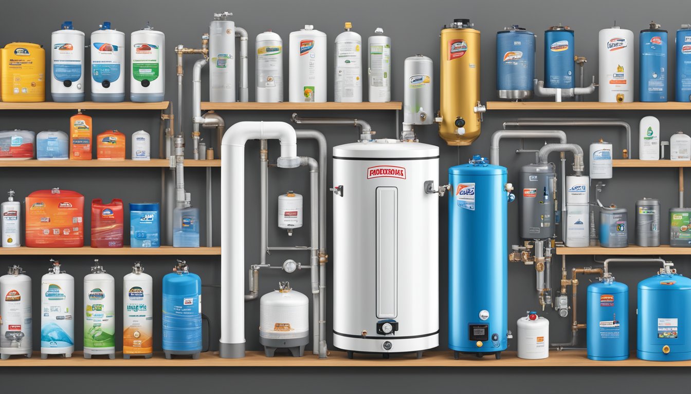 Various water heater brands displayed on shelves with logos and product features