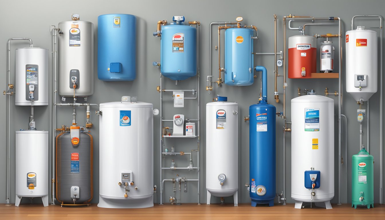 A variety of water heater brands are displayed on shelves, showcasing different technologies and designs