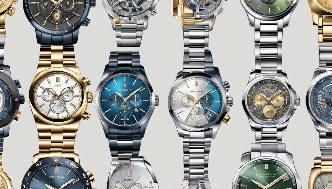 A sleek, modern watch display with various affordable luxury brands under $2000. Bright lighting highlights the intricate details and elegant designs of the timepieces