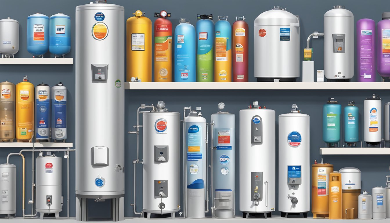 A variety of water heater brands displayed on shelves with product information and specifications