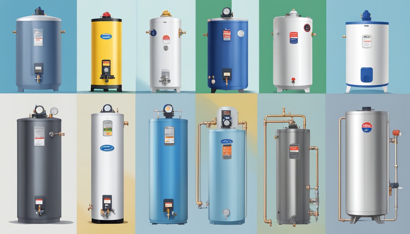 Various water heater brands arranged in a grid with FAQ labels