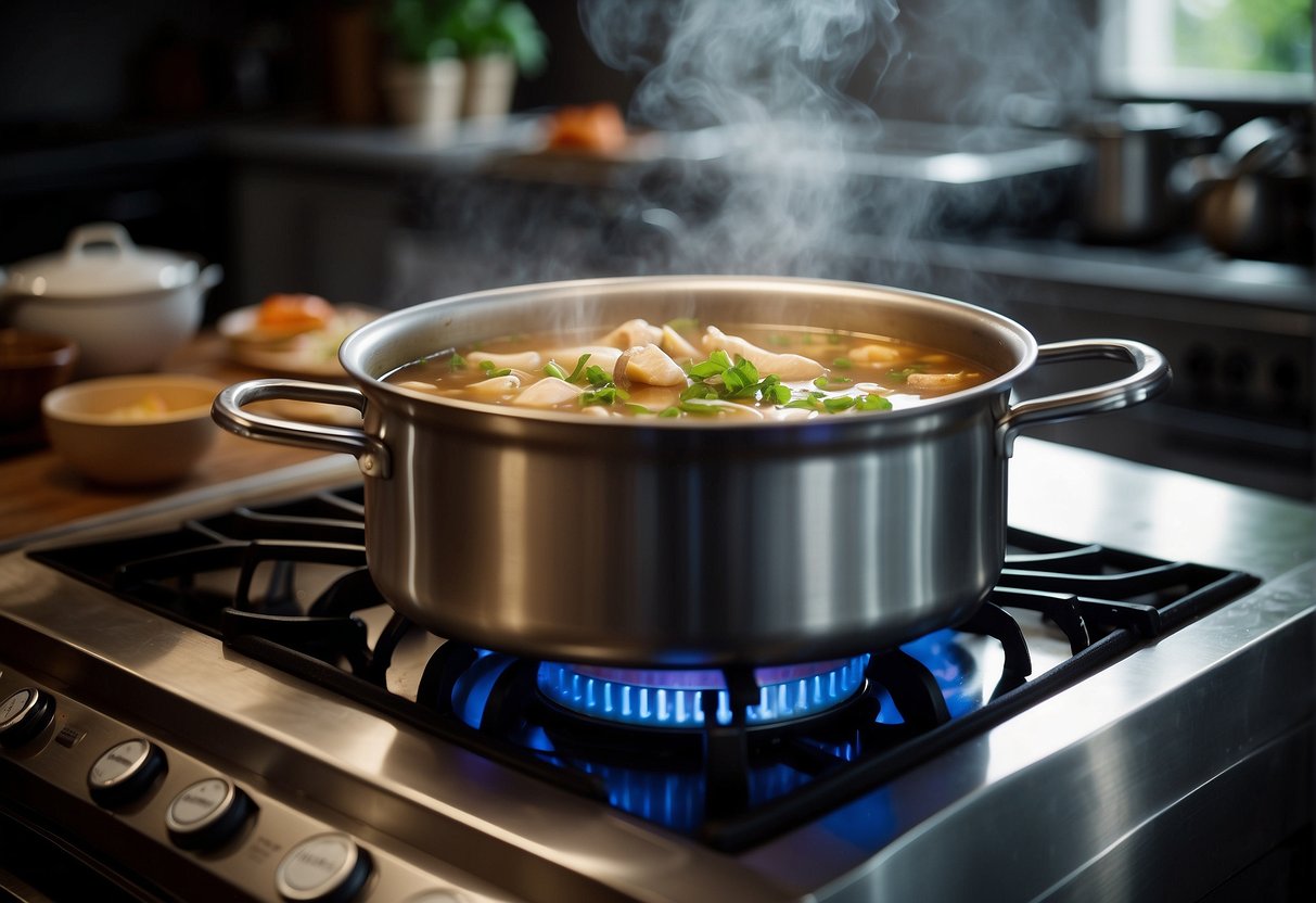 A pot simmers on a stove, filled with a rich, aromatic Chinese chicken button mushroom soup. Steam rises, carrying the savory scent through the kitchen