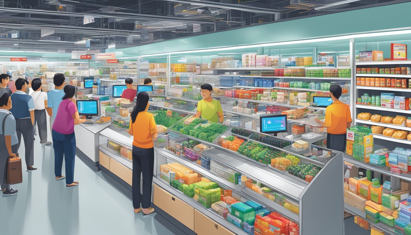 A bustling marketplace in Singapore, shelves lined with Honeywell products, a vibrant display of technology and innovation