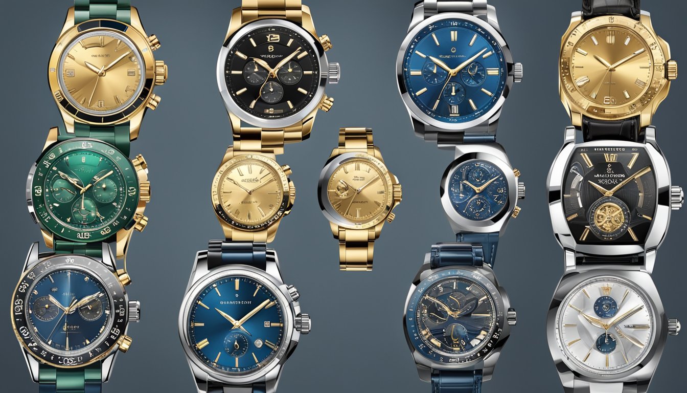 A collection of luxury watches under 2000 displayed on a sleek, modern showcase with bright lighting, showcasing intricate designs and fine craftsmanship