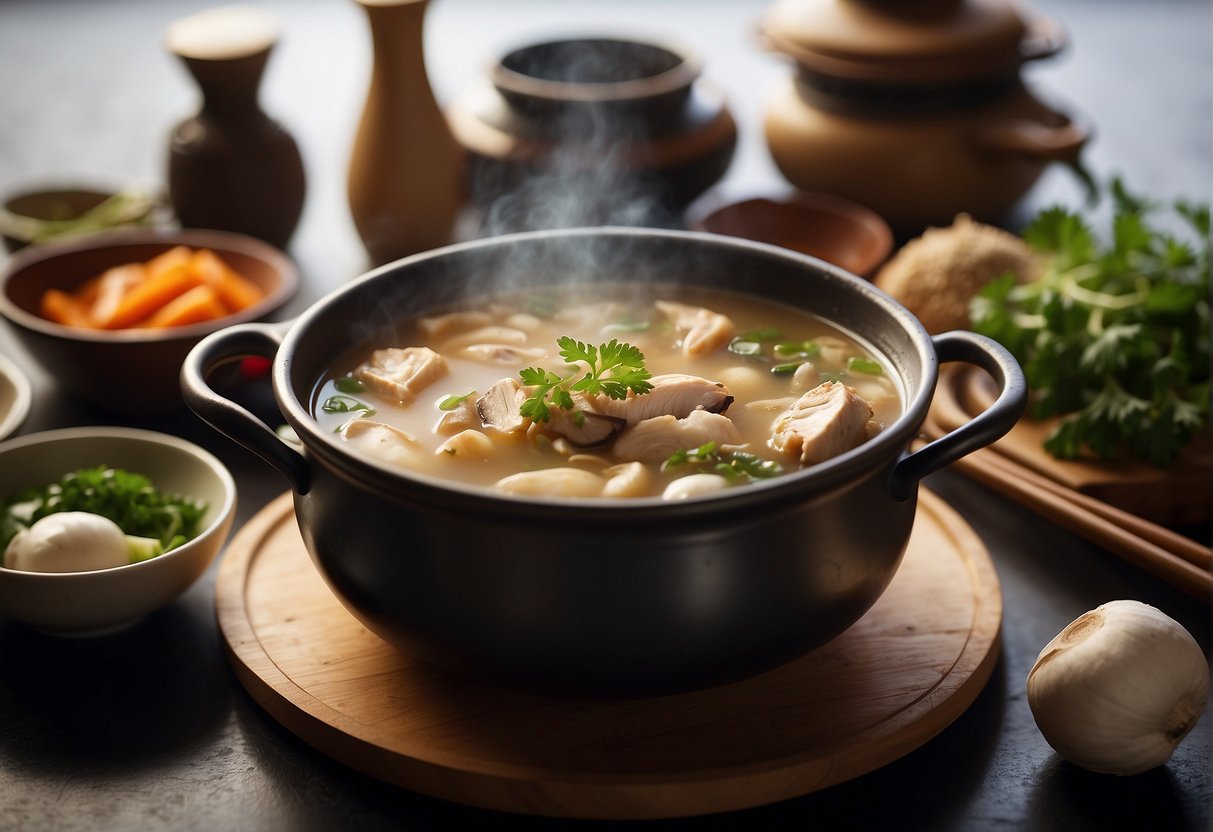 A steaming pot of Chinese chicken button mushroom soup, surrounded by traditional Chinese cooking ingredients and utensils, symbolizing cultural significance