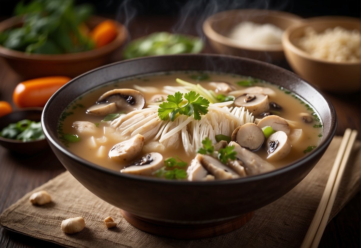 A steaming bowl of Chinese chicken button mushroom soup, surrounded by ingredients and a recipe card