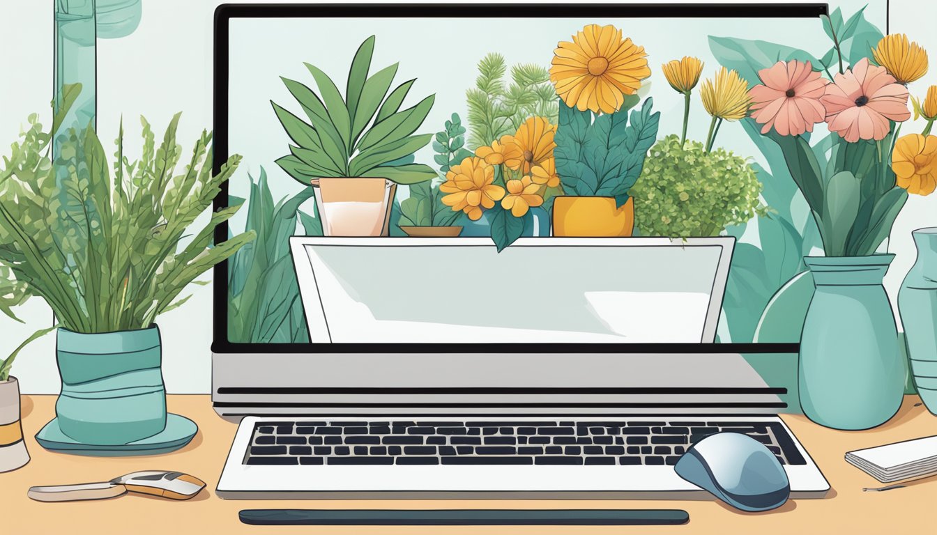 A computer with a mouse clicks "buy vase" on a laptop, surrounded by various vases and plants on a desk