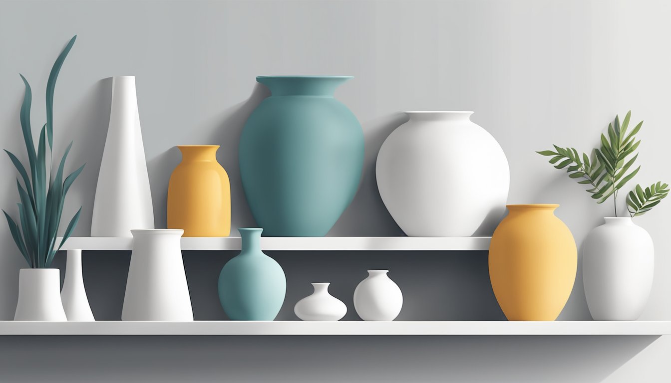 A hand reaches for a sleek, white ceramic vase on a shelf, surrounded by various other vases of different shapes and sizes. The room is well-lit and modern, with clean lines and minimal decor