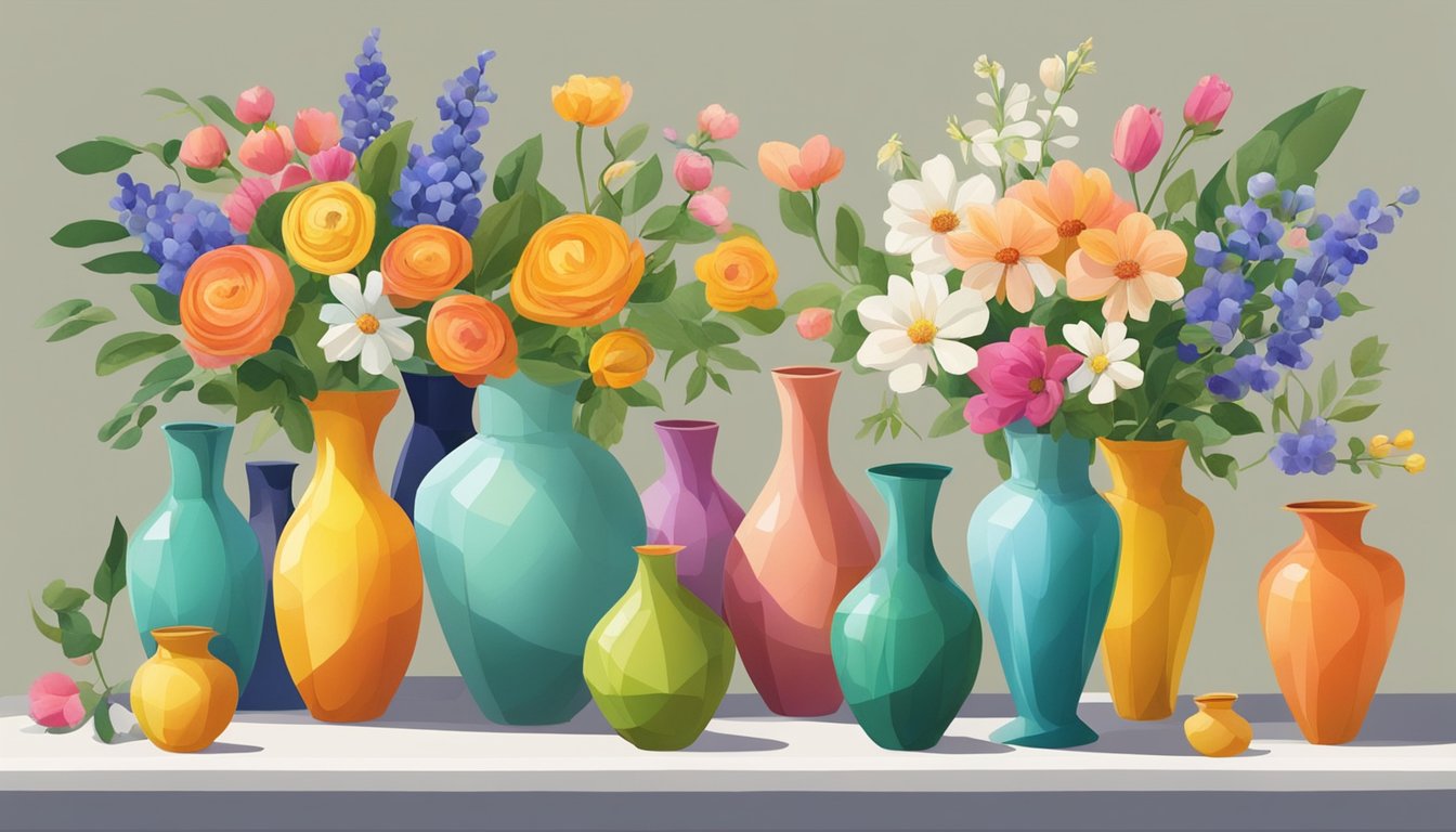 A table with a variety of vases arranged in a creative and artistic manner, showcasing different shapes, sizes, and colors. Bright flowers and greenery fill the vases, creating a stunning display