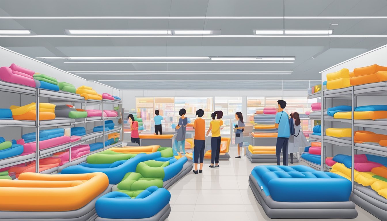 A bustling store with shelves of inflatable beds in Singapore. Customers browse and test out different models, while sales staff assist with inquiries