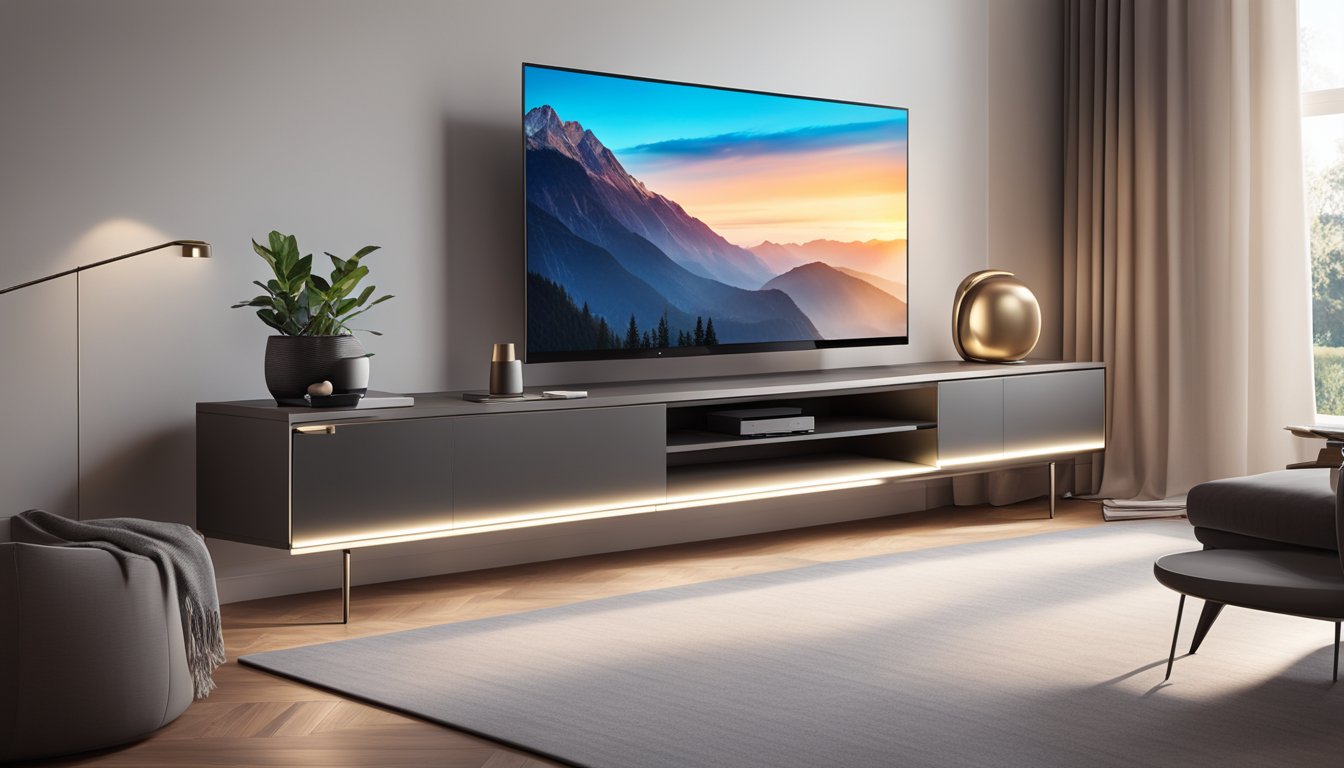 A sleek LG OLED TV sits on a modern entertainment unit in a bright living room. The room is tastefully decorated with minimalist furniture and soft lighting