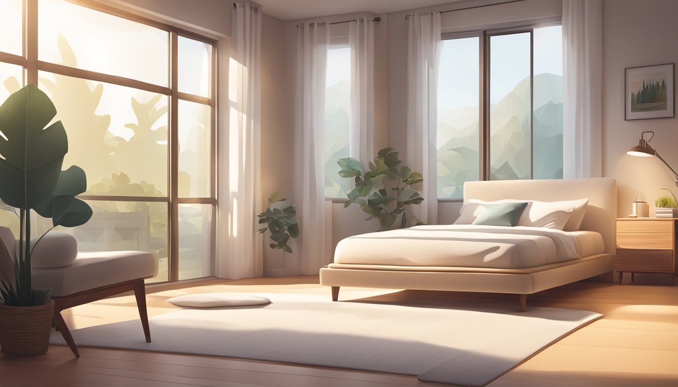 A cozy bedroom with a modern, minimalist design. A neatly made bed with crisp white sheets and a plush inflatable mattress. Bright sunlight streaming in through the window