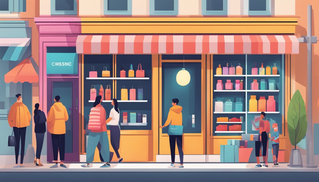A sleek, modern storefront with bold signage and clean lines. A crowd of people admiring the products inside