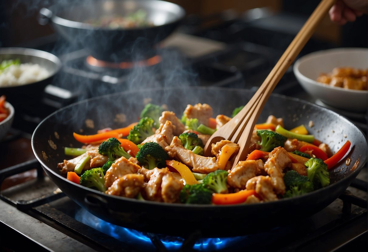 A wok sizzles with stir-fried chicken, colorful vegetables, and savory sauce. Steam rises as the chef tosses the ingredients, creating a vibrant and aromatic dish