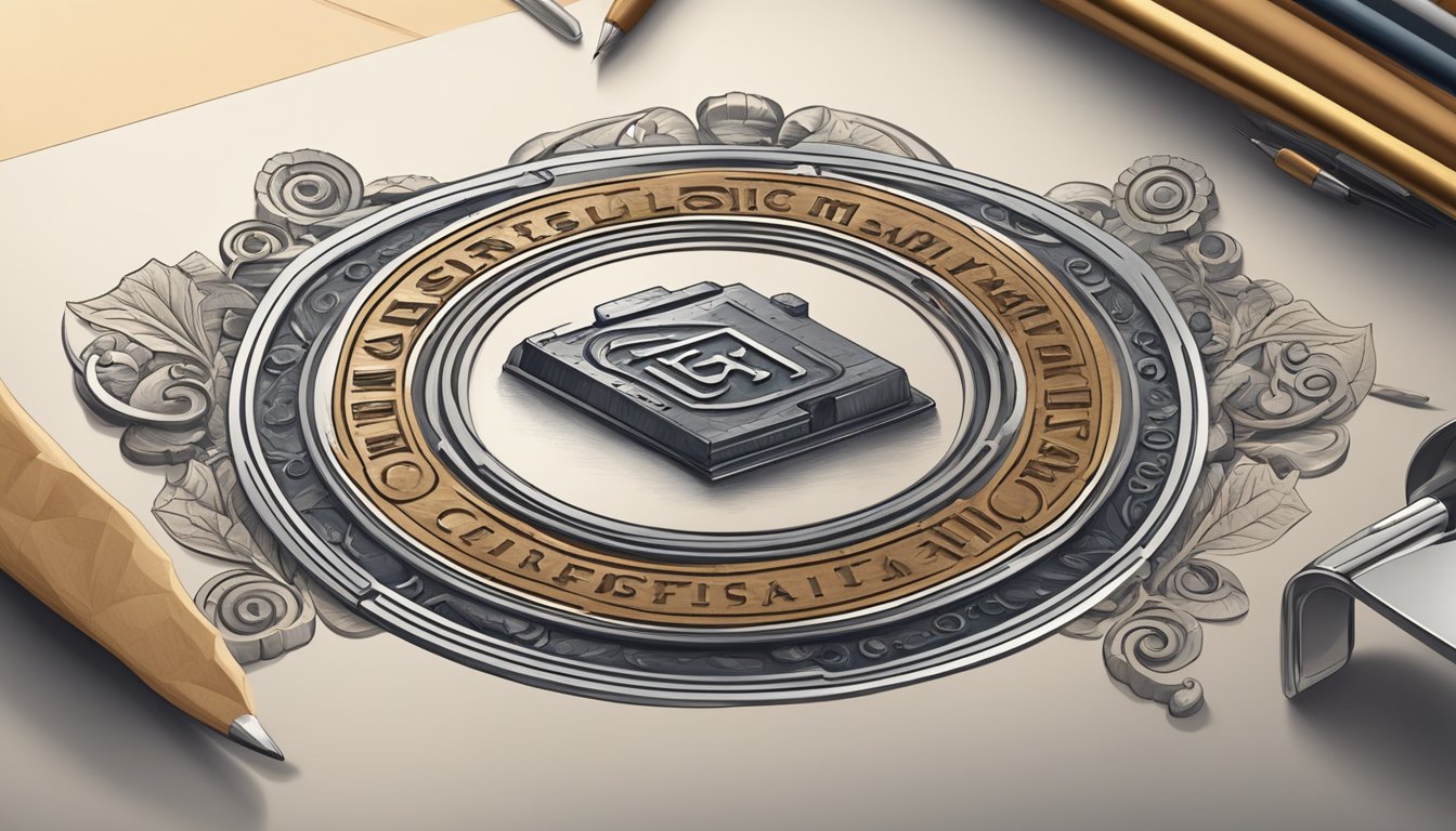 A logo being stamped onto a product, surrounded by elements of quality and craftsmanship