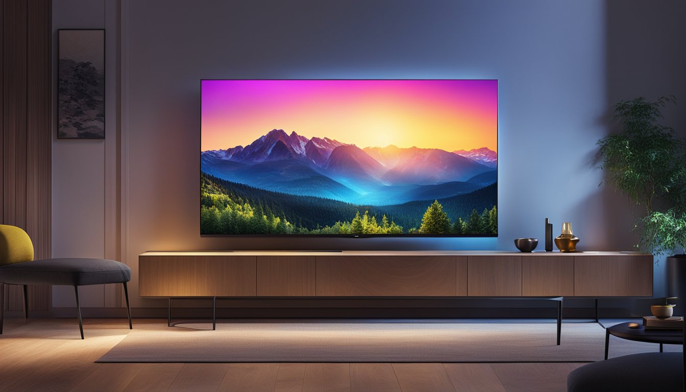 A vibrant LG OLED TV illuminates a dark room, casting a mesmerizing glow. The screen displays vivid, lifelike images, creating an immersive visual experience