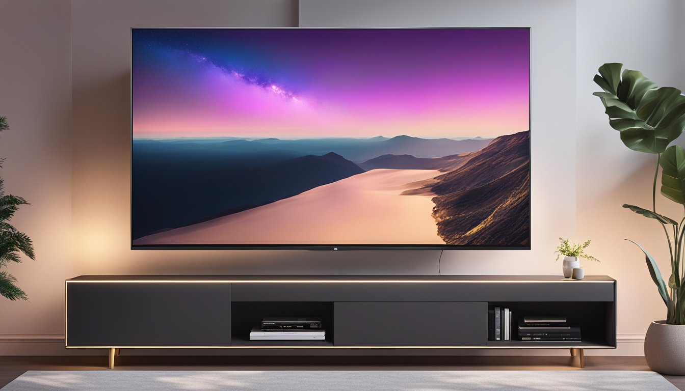 A sleek LG OLED TV sits on a modern entertainment unit, surrounded by ambient lighting. The room is stylish and minimalist, with clean lines and neutral colors