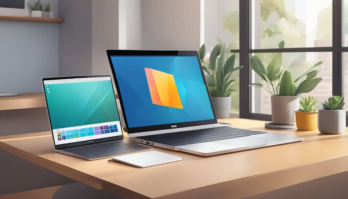 A MacBook and a Dell laptop sit side by side on a sleek desk. The MacBook is open, displaying a vibrant screen, while the Dell is closed with its logo prominently visible