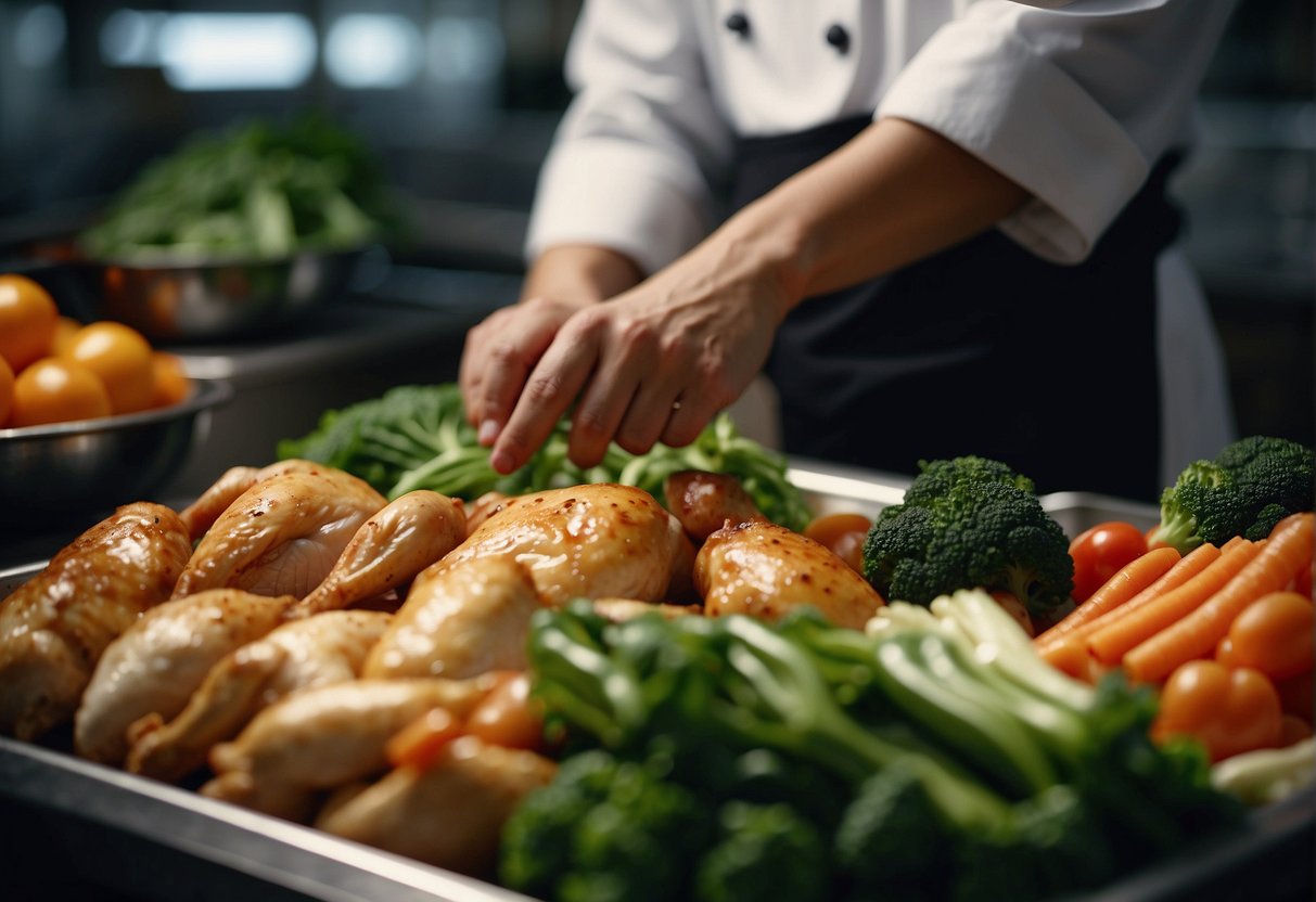 A chef carefully selects fresh vegetables and lean cuts of chicken for a healthy Chinese dish