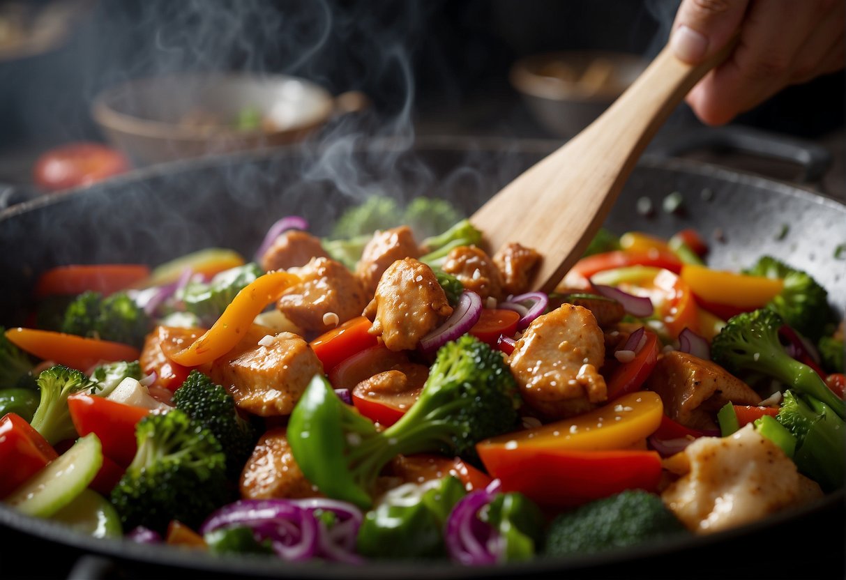 Sizzling chicken stir-fried with colorful veggies in a wok. Steam rising from the pan as the chef sprinkles in traditional Chinese spices