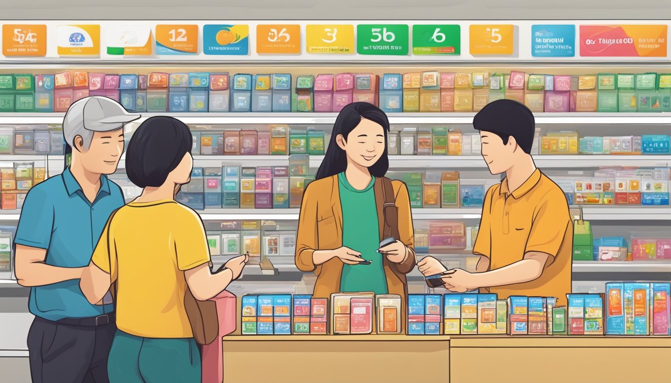 A customer in a Singapore store buys a Vietnam SIM card. The seller explains the features and benefits